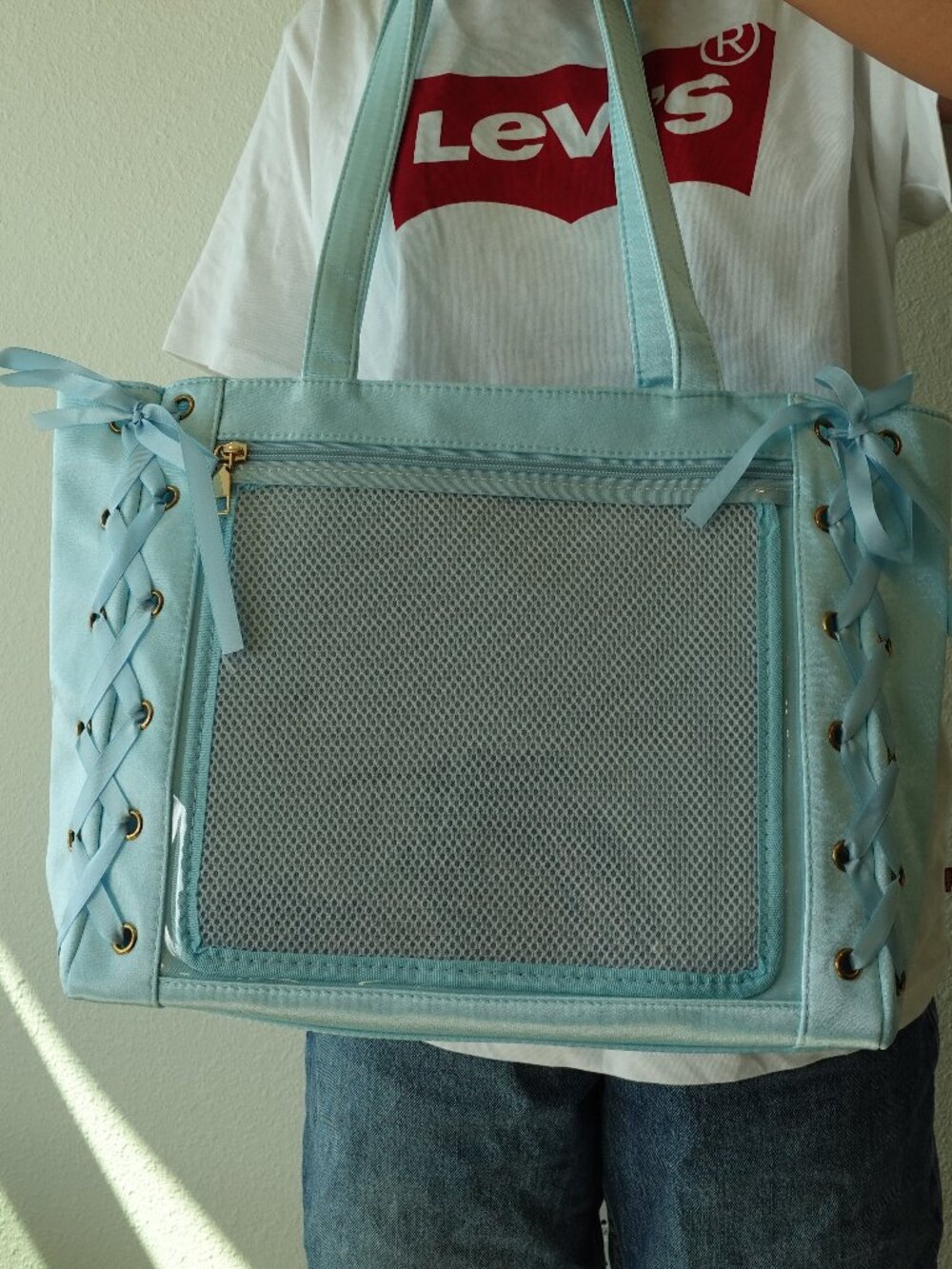 BLUE Y2K Kawaii Satin Ita Bag Tote Anime Clear Window Shoulder Bag Itabag